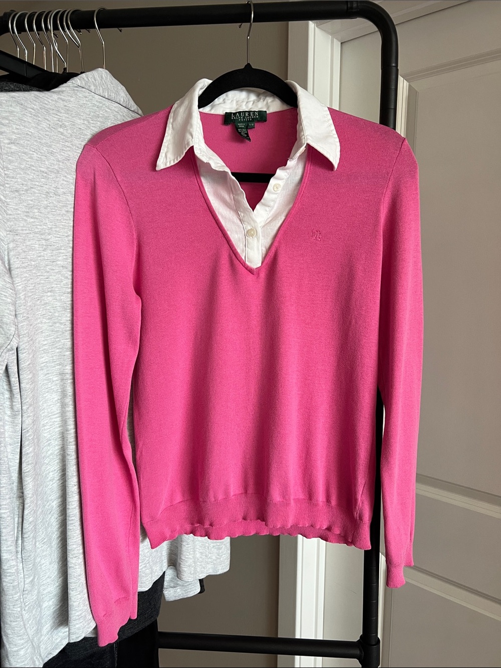 Lauren Ralph Lauren Pink Sweater with White Collar layer look Top Petite Medium